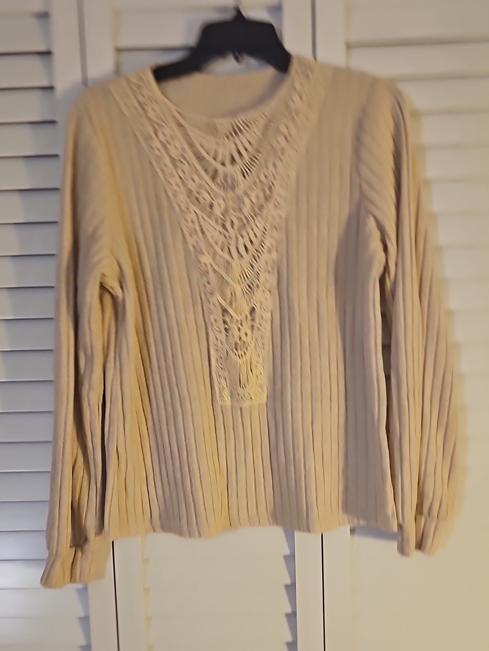 SHEIN Cream Ribbed Sweater with Crochet V-Detail